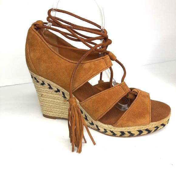 H&M Cognac Brown Suede Espadrille Wedge Lace Up Sandals 8.5 - Picture 2 of 10